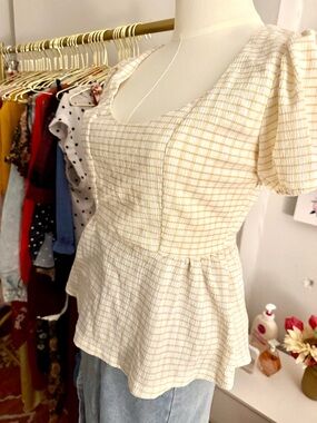 Women’s Cream Plaid Peplum Puff-Sleeve Top